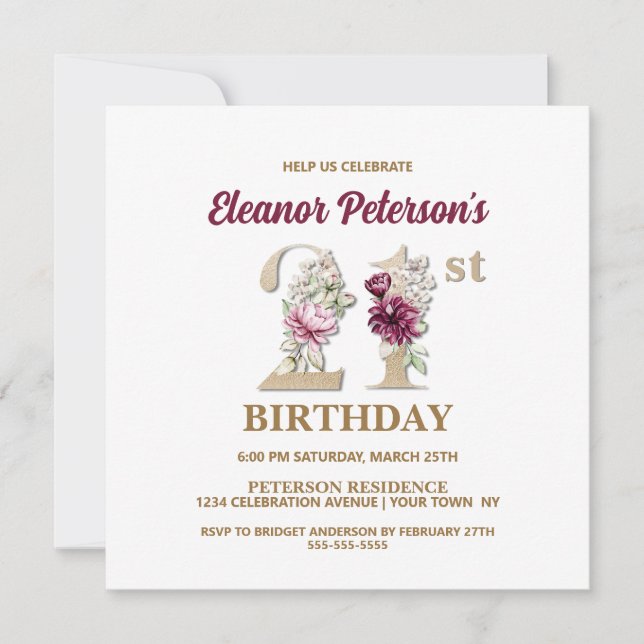 Rose Floral E 21st Birthday Party Invitation (Front)