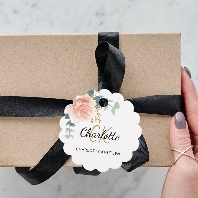 Rose floral eucalyptus monogram name business tag (Creator Uploaded)