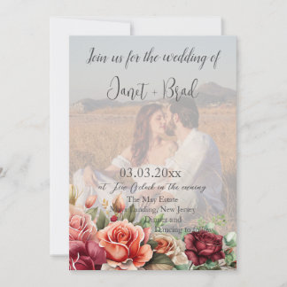 Rose Floral Eucalyptus Photo QR Code Wedding Invitation