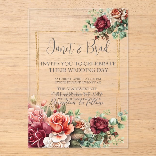 Rose Floral Eucalyptus Wedding Acrylic Invitations (Front)