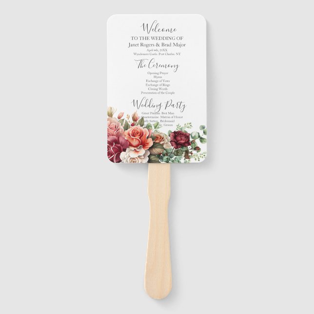 Rose Floral Eucalyptus Wedding Program Hand Fan (Front)
