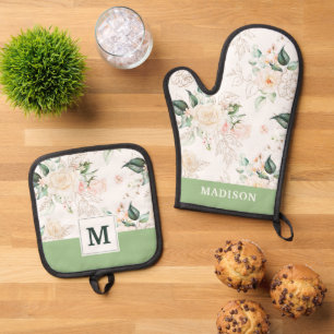 Rose Floral Garden Pattern Oven Mitt & Pot Holder Set