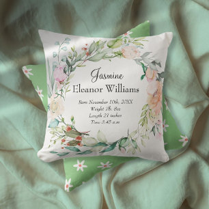 Rose Floral Garland Personalised Baby Birth Stats Cushion