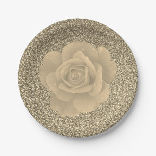 Rose Floral Gold Glitter Bridal Shower Wedding Paper Plate