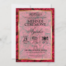 Rose Floral Gold Islamic Wedding Mehndi Invitation
