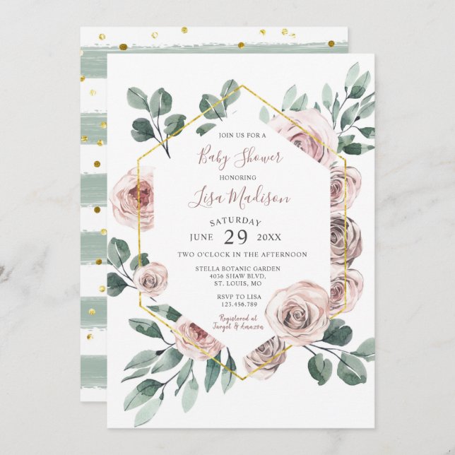 Rose Floral Greenery Baby Shower Invitation (Front/Back)