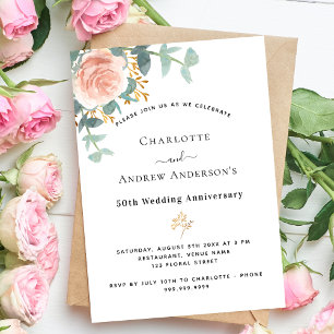 Rose floral greenery pink 50th wedding anniversary invitation