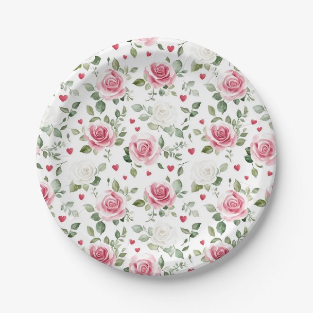 Rose Floral Hearts Bridal Shower Paper Plate (Front)