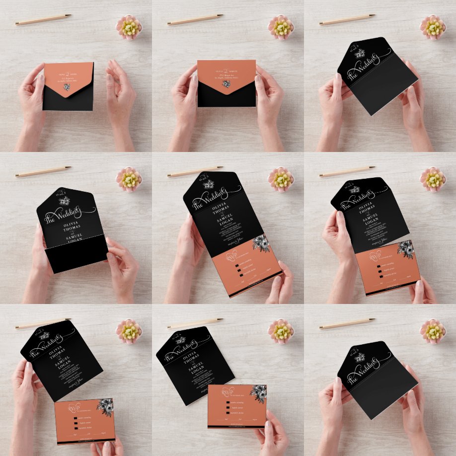 Rose Floral l Calligraphy Modern Wedding All In One Invitation