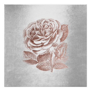 Rose Floral Metallic Pink Gold Silver Grey Minimal Poster