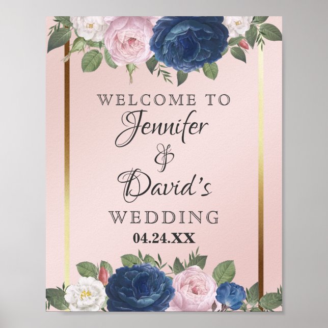 Rose Floral Navy Blue Blush Pink Gold Wedding Poster (Front)