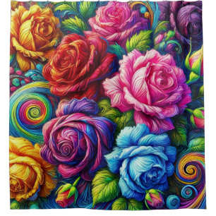 Rose Floral Pattern Vibrant Swirling Art Shower Curtain