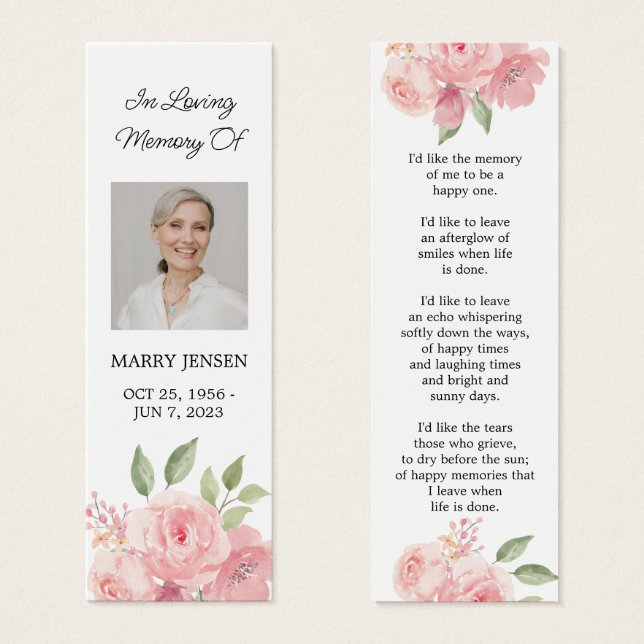 Rose Floral Photo Funeral Memorial Bookmark (Front & Back)