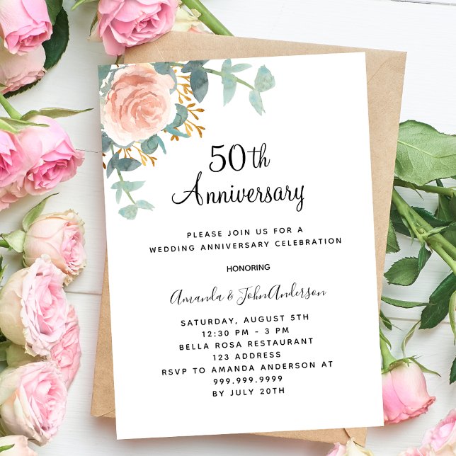 Rose floral pink 50th luxury wedding anniversary invitation (Creator Uploaded)