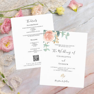 Rose floral pink QR detail RSVP wedding invitation