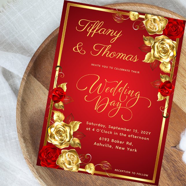 Rose Floral Red And Gold Wedding Theme Invitation (Creator Uploaded)