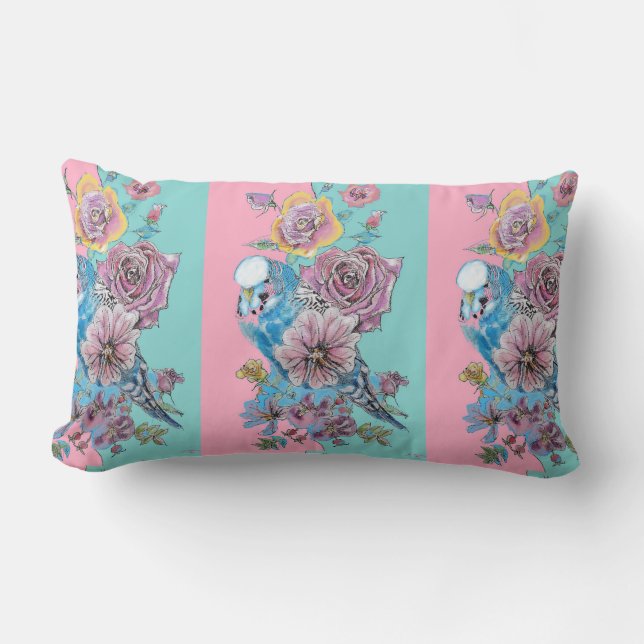 Rose Floral Roses Budgie Bird Womans Pink Aqua Cus Lumbar Cushion (Front)