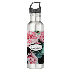 Rose Floral Roses Vintage Garden Womans Pink Black 710 Ml Water Bottle
