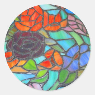 Rose Floral Stained Glass Round Sticker