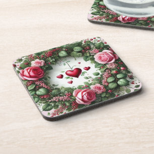 Rose Floral Twine Wreath with Red Hearts  Coaster