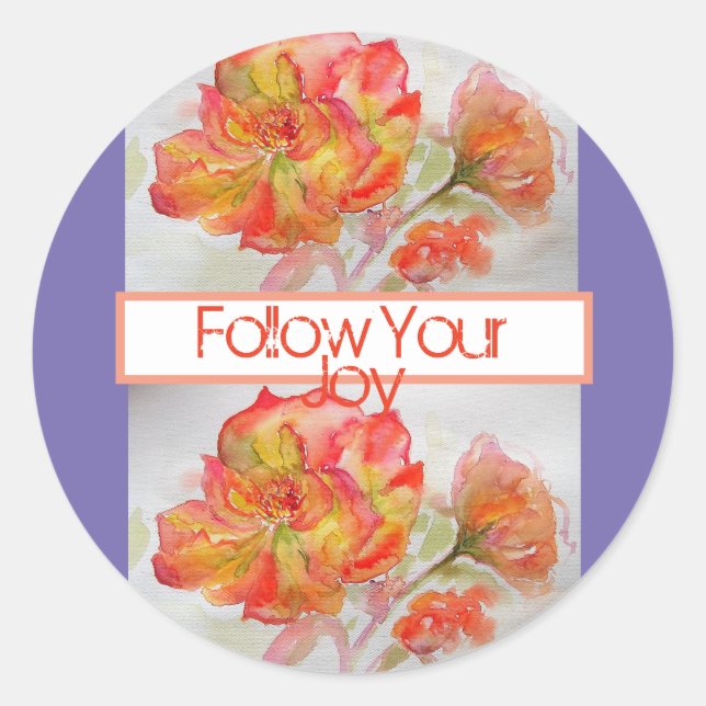 Rose Floral Watercolour Orange Follow Your Joy Classic Round Sticker (Front)