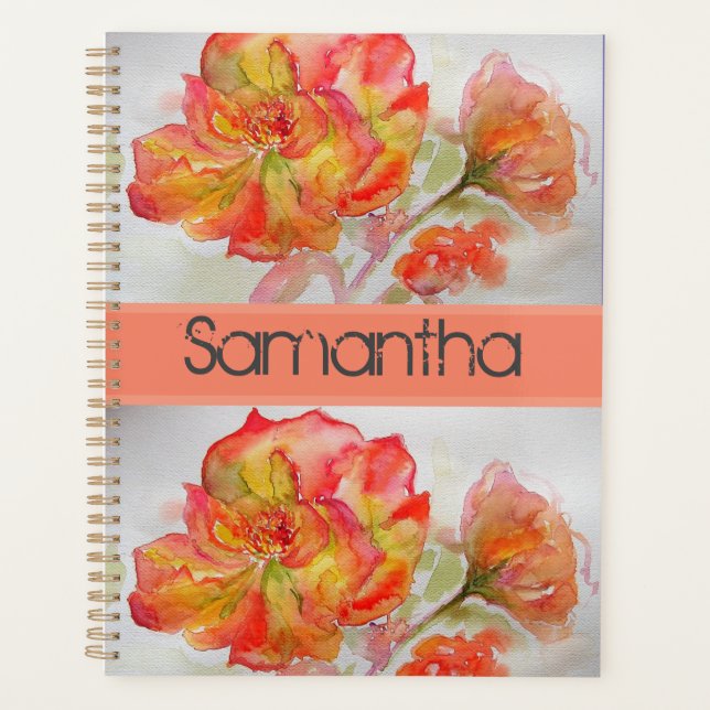Rose Floral Watercolour Orange Peach Pink Notebook Planner (Front)