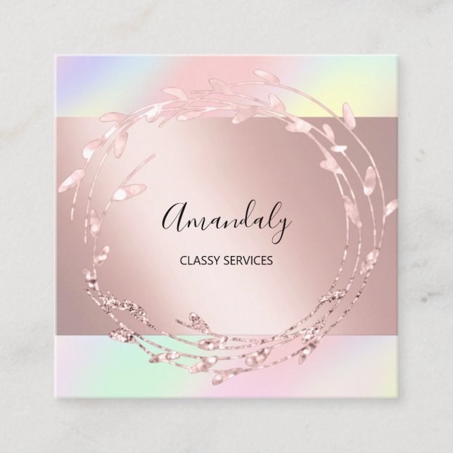 Rose Floral Wreath Elegant Event Holographic Pink Square Business Card (Front)