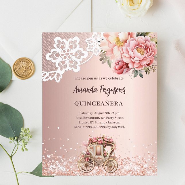 Rose florals lace carriage Quinceanera invitation (Creator Uploaded)