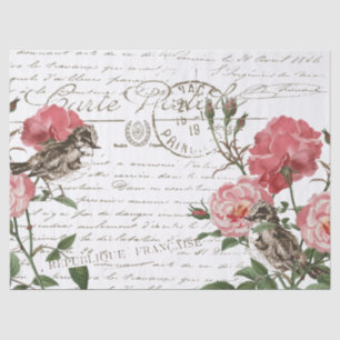 Rose Flower Bird Postcard French Script Decoupage Tissue Paper