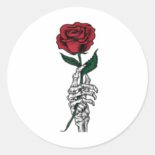 Rose Flower Gift - White Skeleton Hand Holding A R Classic Round Sticker