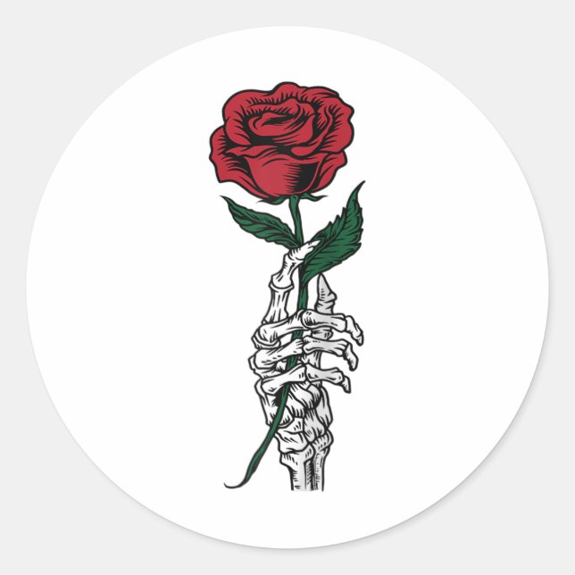 Rose Flower Gift - White Skeleton Hand Holding A R Classic Round Sticker (Front)
