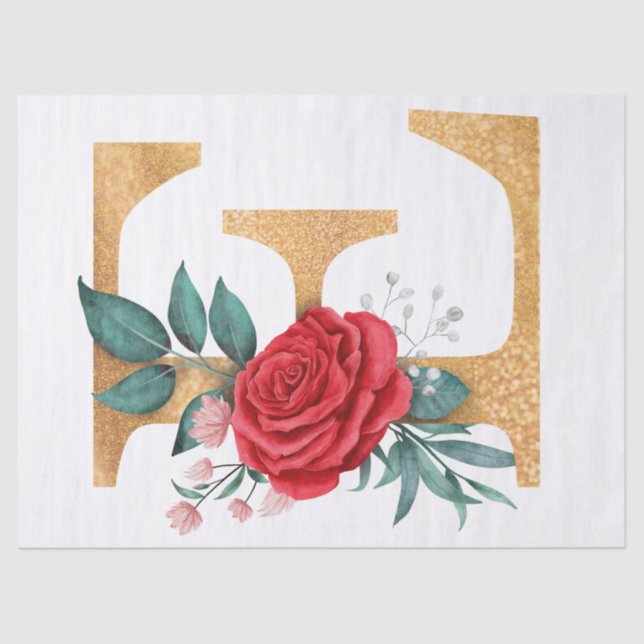 Rose Flower Gold Letter E Watercolor Art Tissue Paper (Front)