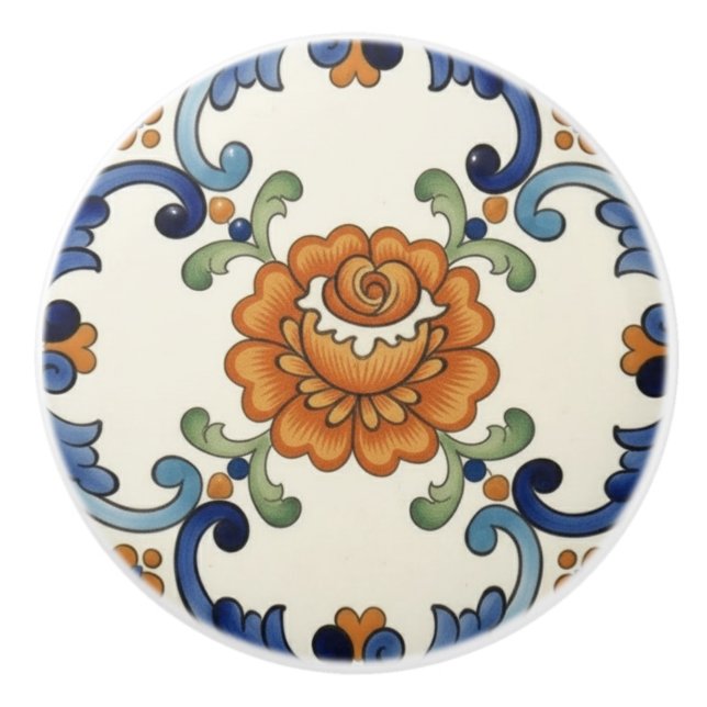 Rose Flower Mediterranean Blue Orange Cream Ceramic Knob (Front)