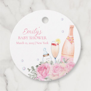 Rose Flower Poppin Champagne Bottles Baby Shower Favour Tags
