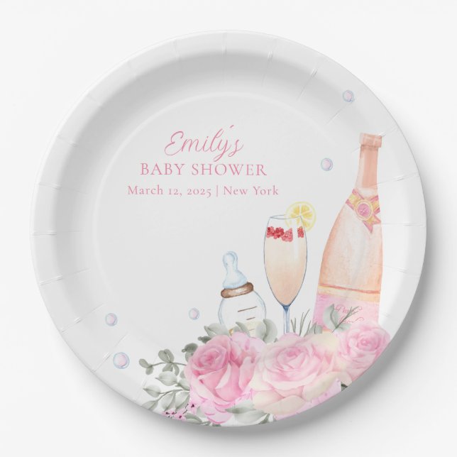 Rose Flower Poppin Champagne Bottles Baby Shower Paper Plate (Front)