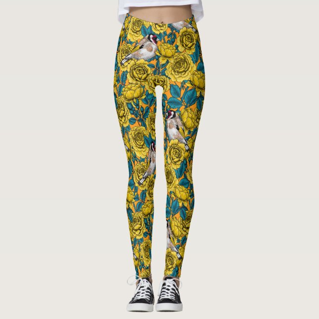 Rose flowers and goldfinch birds leggings (Front)
