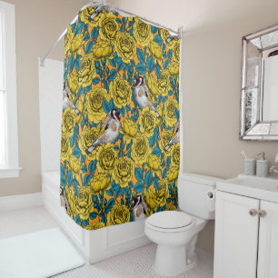 Rose flowers and goldfinch birds shower curtain