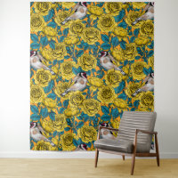Rose flowers and goldfinch birds