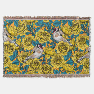 Rose flowers and goldfinch birds throw blanket