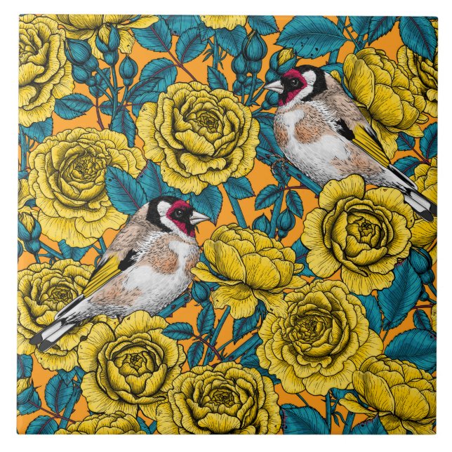 Rose flowers and goldfinch birds tile (Front)