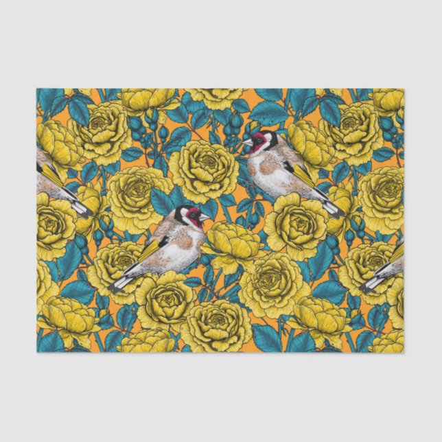 Rose flowers and goldfinch birds tissue paper (Front)