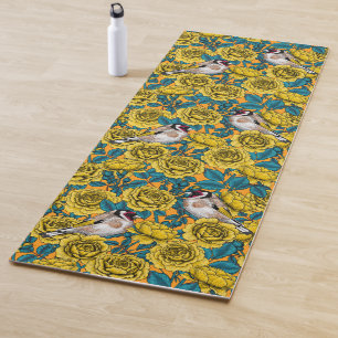 Rose flowers and goldfinch birds yoga mat