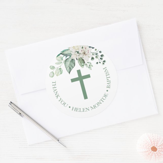 Rose Flowers Baptism Thank You Classic Round Sticker (Envelope)