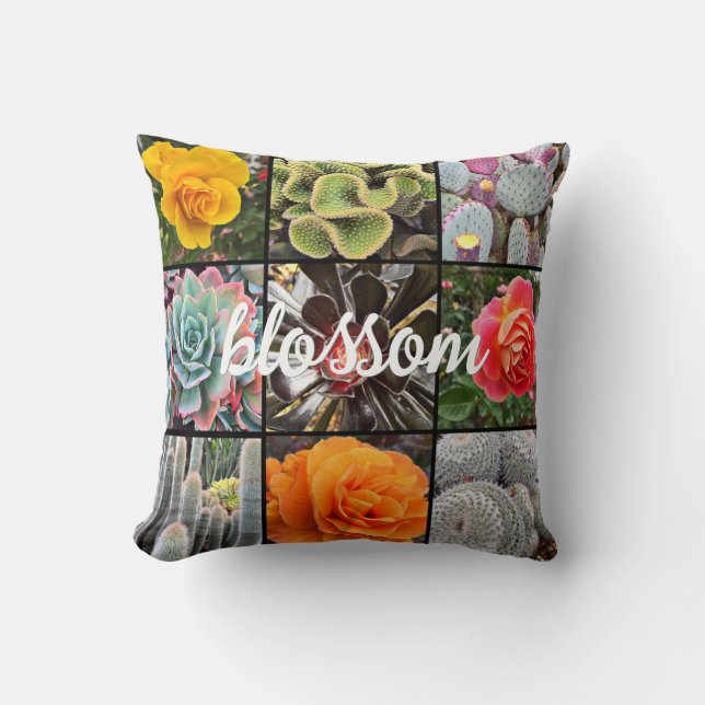 Rose Flowers Cacti Photo Collage Blossom Script Cushion (Front)
