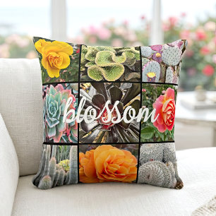 Rose Flowers Cacti Photo Collage Blossom Script Cushion