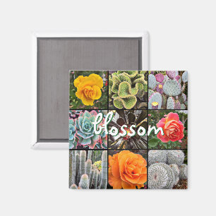 Rose Flowers Cacti Photo Collage Blossom Script Magnet
