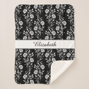 Rose Flowers Floral Pattern Black & White Name Sherpa Blanket