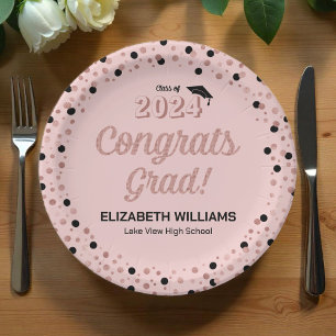 Rose Foil Script Confetti Congrats Grad Pink Paper Plate