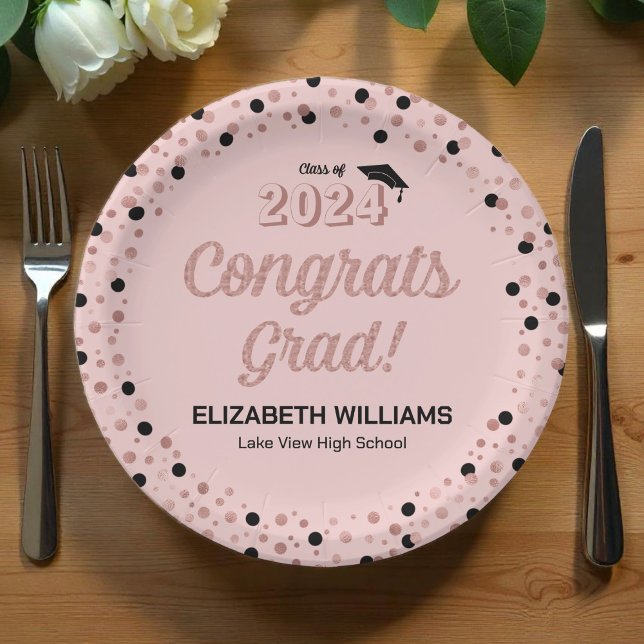 Rose Foil Script Confetti Congrats Grad Pink Paper Plate (Creator Uploaded)