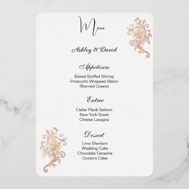 Rose Foil Wedding Menu Card (Front)